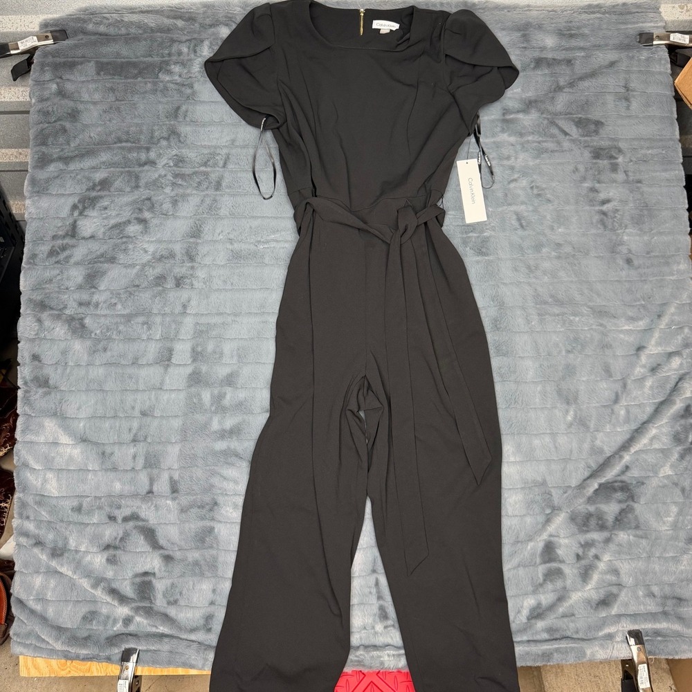 Calvin Klein Womens Black Flutter Sleeve Tie Waist Jumpsuit CD5C1Q90 Size 14